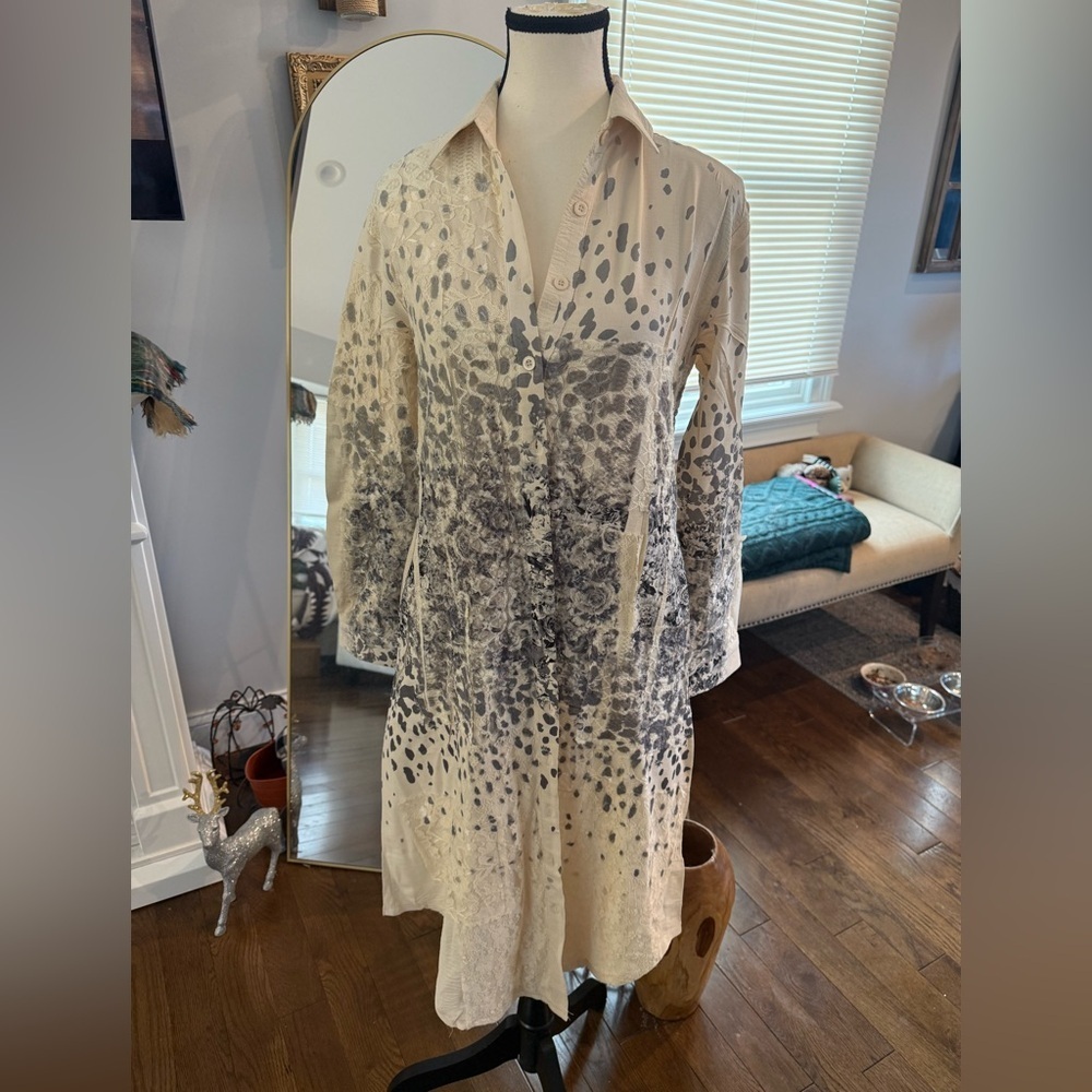 Origami Beautiful, Elegant Cream and Gray Women's  Button Up Shirt Dress